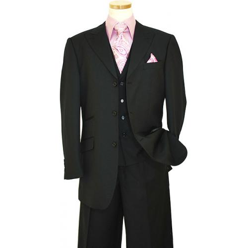 Mantoni Solid Black Super 140's 100% Virgin Wool Vested Suit 40901